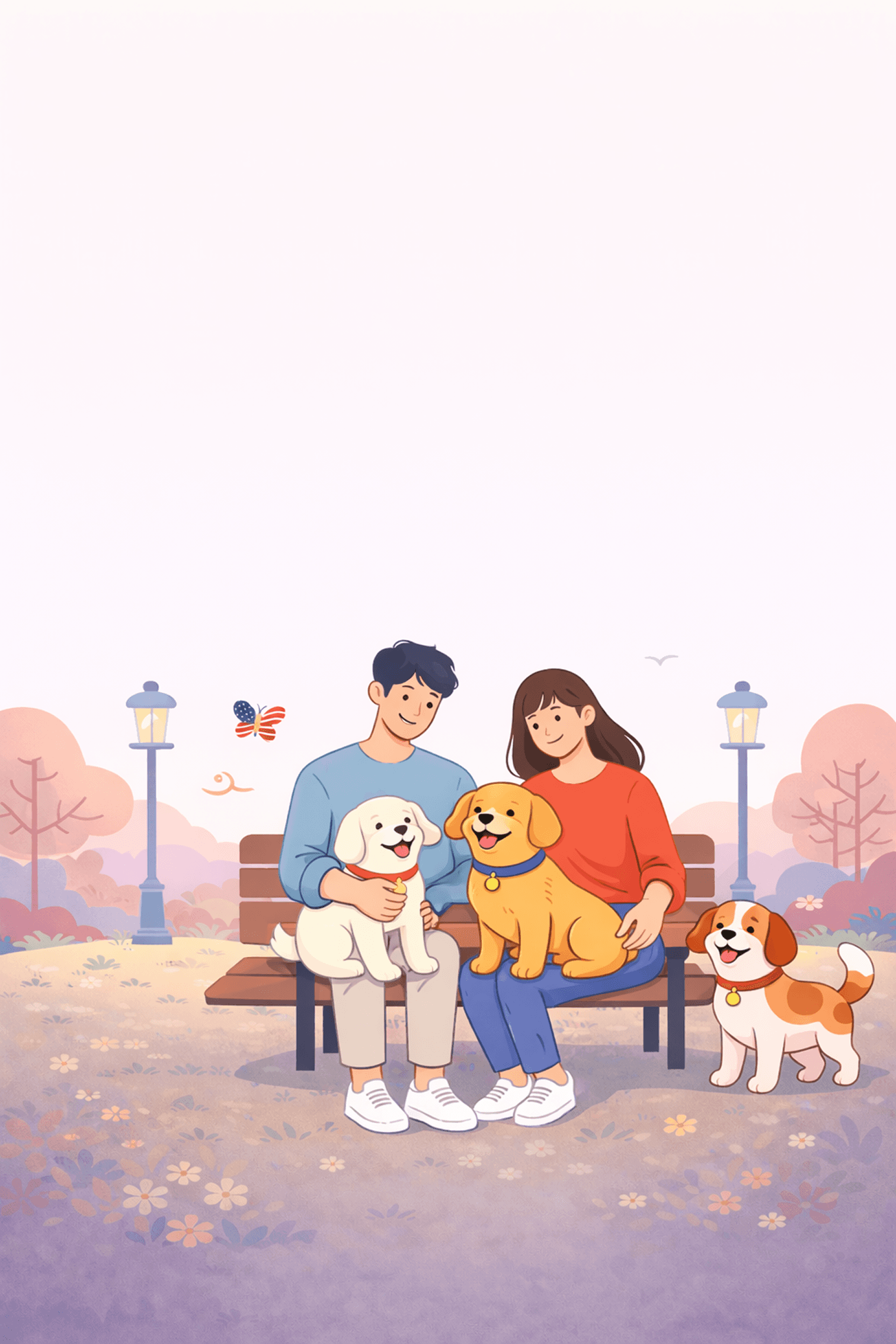 A couple relaxing outdoors with their dogs and cats